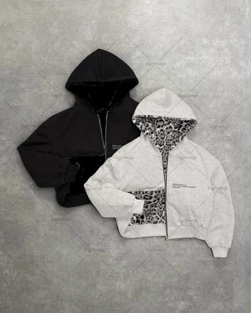 جديد Harajuku Y2K ليوبارد طباعة أفخم سترة قلنسوة بسحاب المرأة القوطية الرجعية ملابس الشارع الشهير الرجال العصرية المتضخم البلوز #1