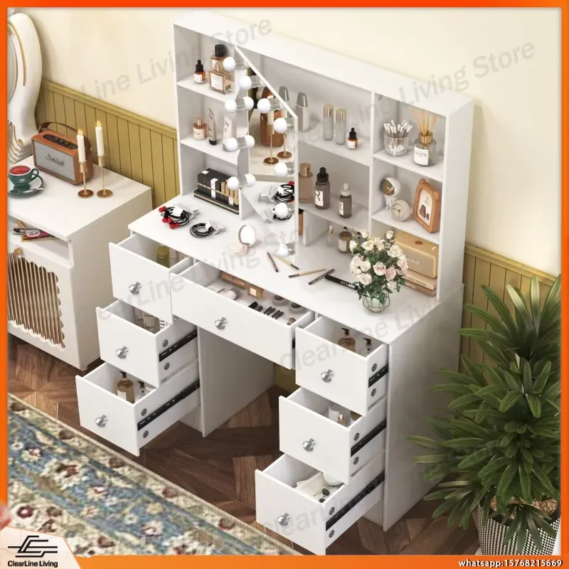 7-Drawer Vanity Dressing Table with 10 Dimmable LED Lights Large HD Mirror Modern Makeup Desk Ample Storage Bedroom Dresser