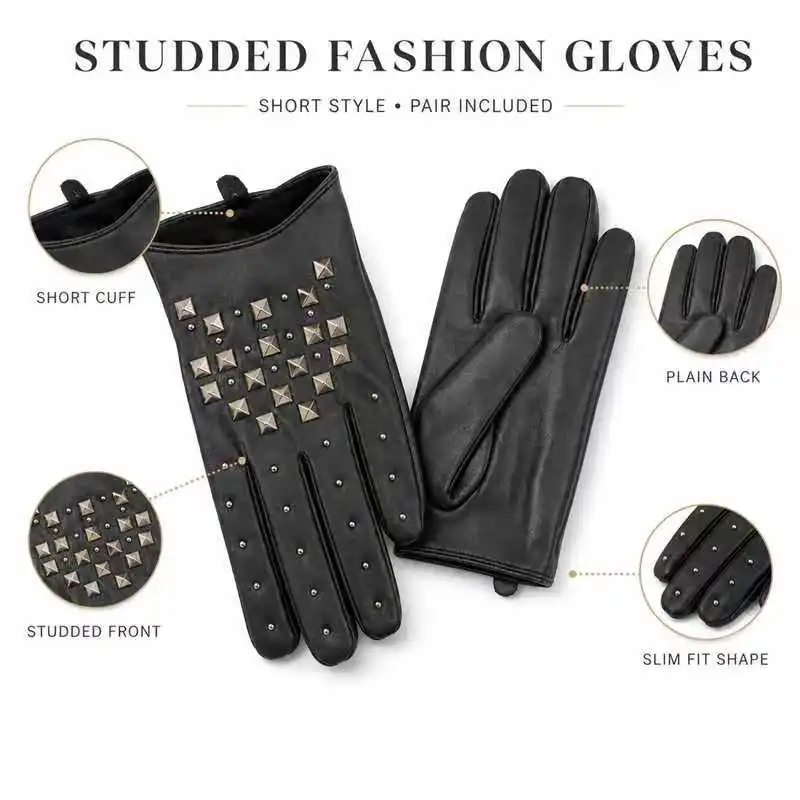 Women Short Studded Gloves, Touch Screen PU Leather Five Finger Gloves, Fashion Warm Motorcycle Gloves
