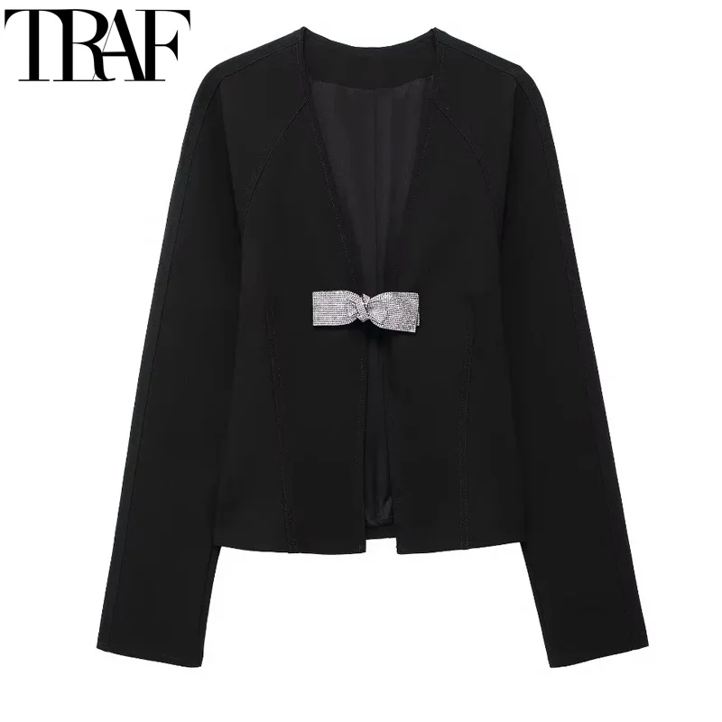 

TRAF Rhinestones Bow Crop Top Long Sleeve Elegant Chic Woman Top Fitted Youthful Black Blouse V Neck Stylish Women's Blouse