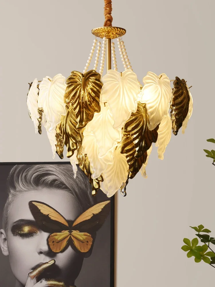 Modern LED Maple Leaf Ceiling Chandeliers French Luxury Living Dining Room Pendent Lamp Home Decor Hanging Light Luster Fixtures