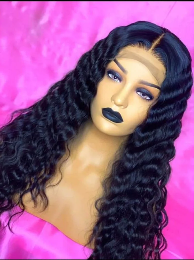 Soft 180 Density PrePlucked Long Glueless Black 26 inch Deep Wave Curly Lace Front Wigs For African Women Babyhair Daily