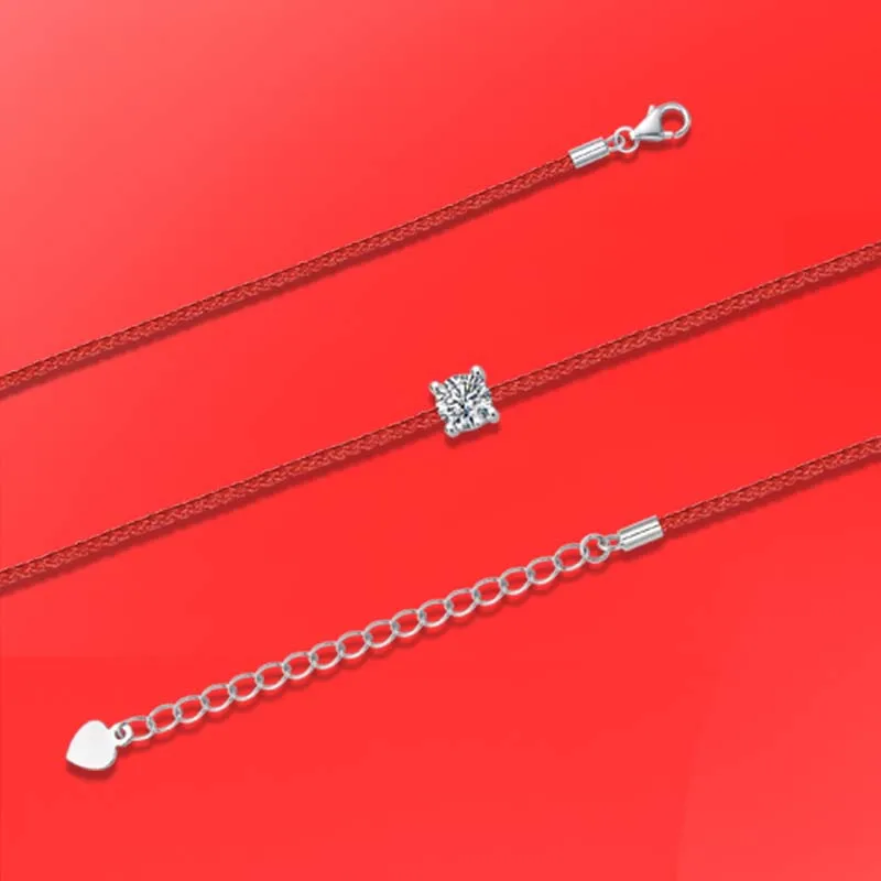 925 Sterling Silver 0.5ct D VVS Moissanite Red Rope Bracelet with for Women Fine Jewelry Wedding Engagement Party Christmas Gift