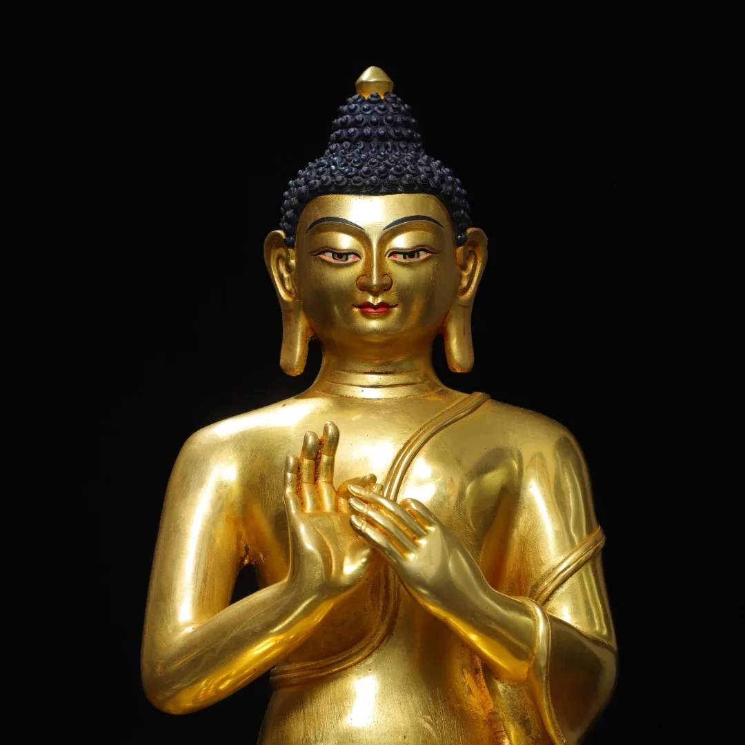 Tibetan brass antique gilt painting face painting Sakyamuni Dahri Tathagata ornament, home Buddhist hall offering 33cm
