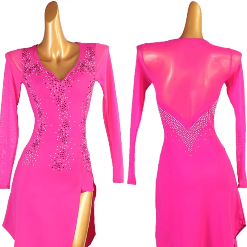 

Ladies Corlorful Rhinestones Rose Latin Dance Dress Women Ballroom Dance Dress Long Sleeves Tango Rumba Flamenco Dress Female