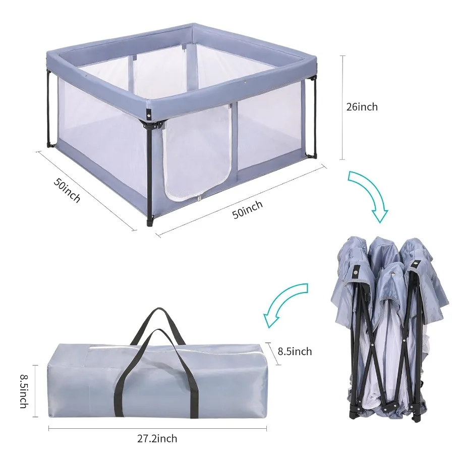 Box portatile per bambini con pavimento imbottito, cortile da gioco pieghevole per neonati e bambini piccoli, recinzione per interni ed esterni, grigio chiaro 50" x 50