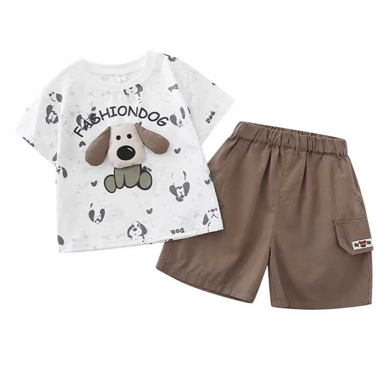 

Летняя детская футболка с рисунком щенка + шорты, новая мода, повседневные удобные костюмы из двух предметов для маленьких мальчиков, От 1 до 9 лет
