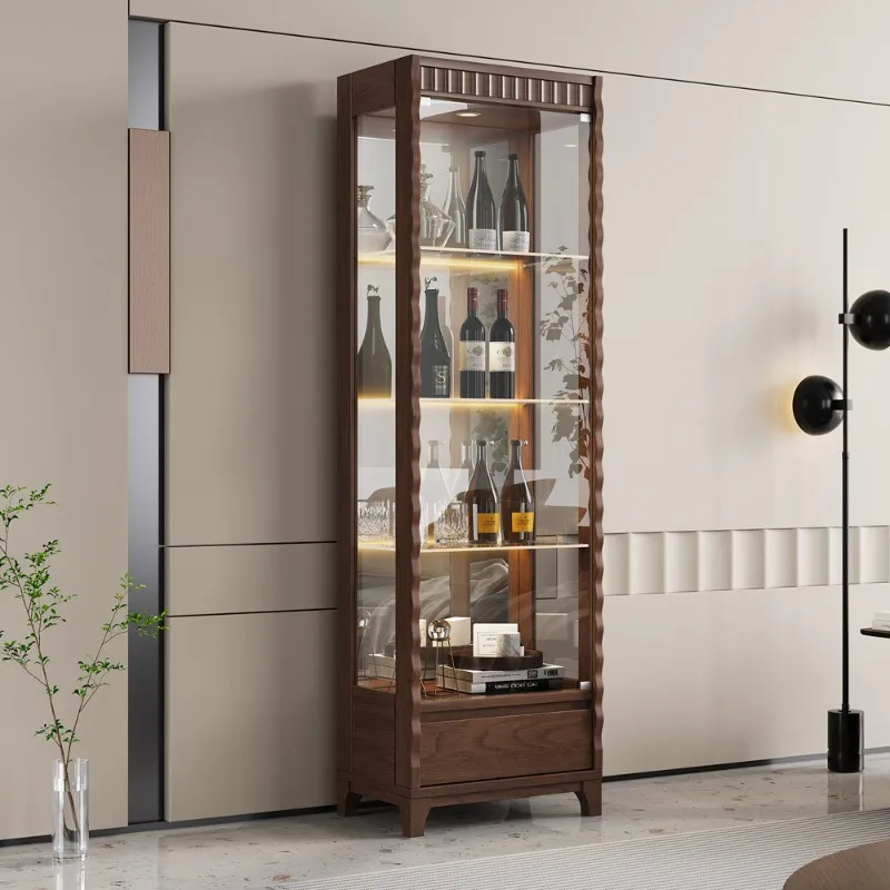 New Chinese-style solid wood walnut wine cabinet living room wall display cabinet double door glass door with lock simple decora