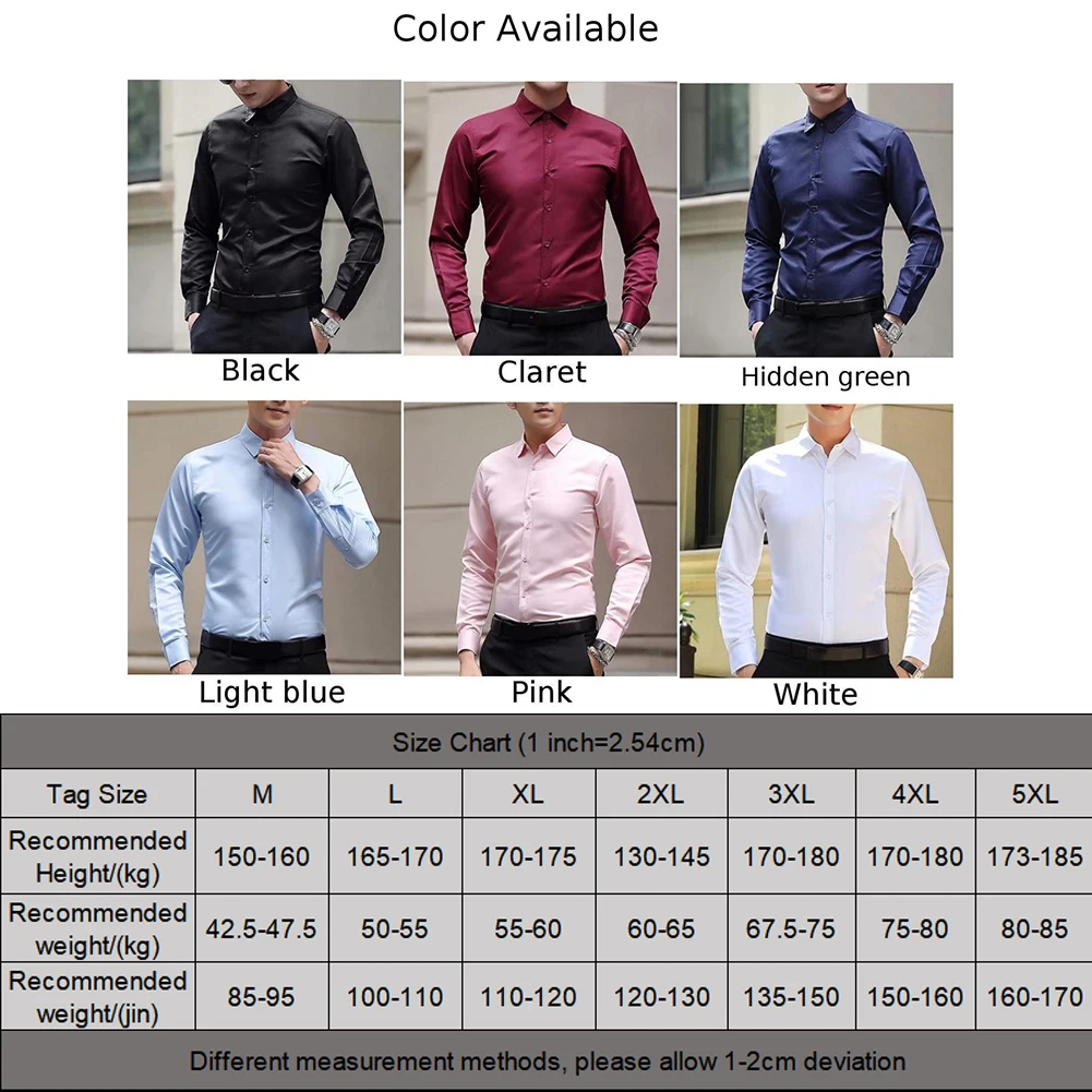 Camisa masculina de manga comprida com fecho de botão, camisa formal casual de negócios, resistente a rugas para eventos sociais de trabalho