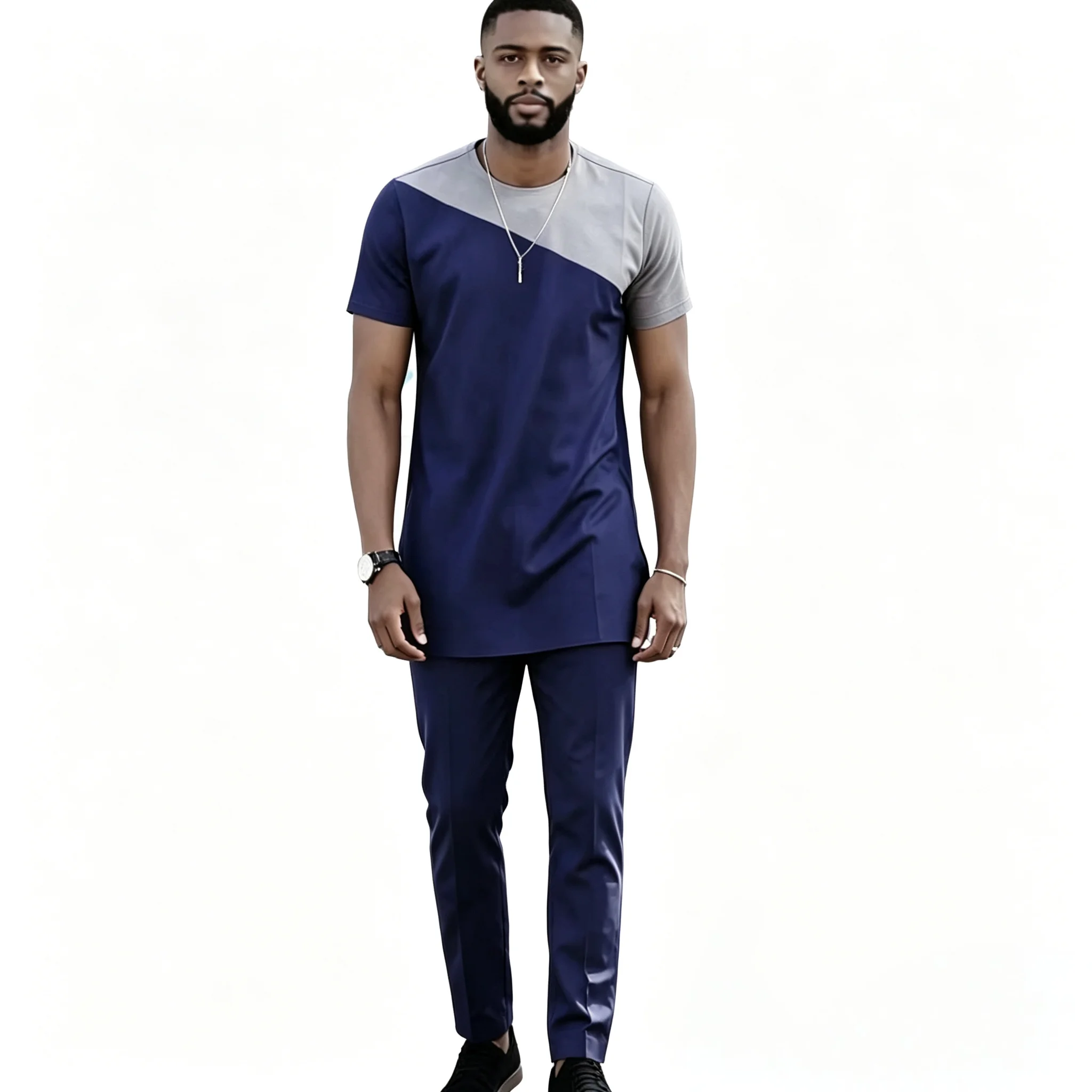 Navy Blue Groom Suit Short Sleeves Men's Sets Design Handmade Patchwork Tops+Elastic Waist Trousers African Coutrue
