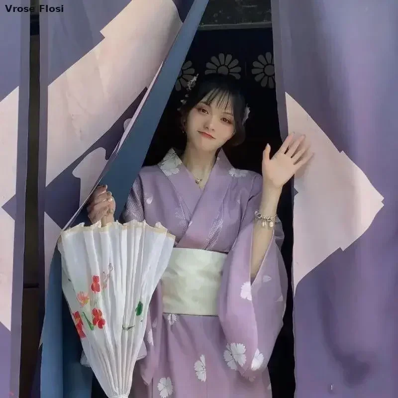 New Japanese Kimono Woman With White Obi Vintage Style Flower Printed Performing Yukata Dress Photography Bath Robe