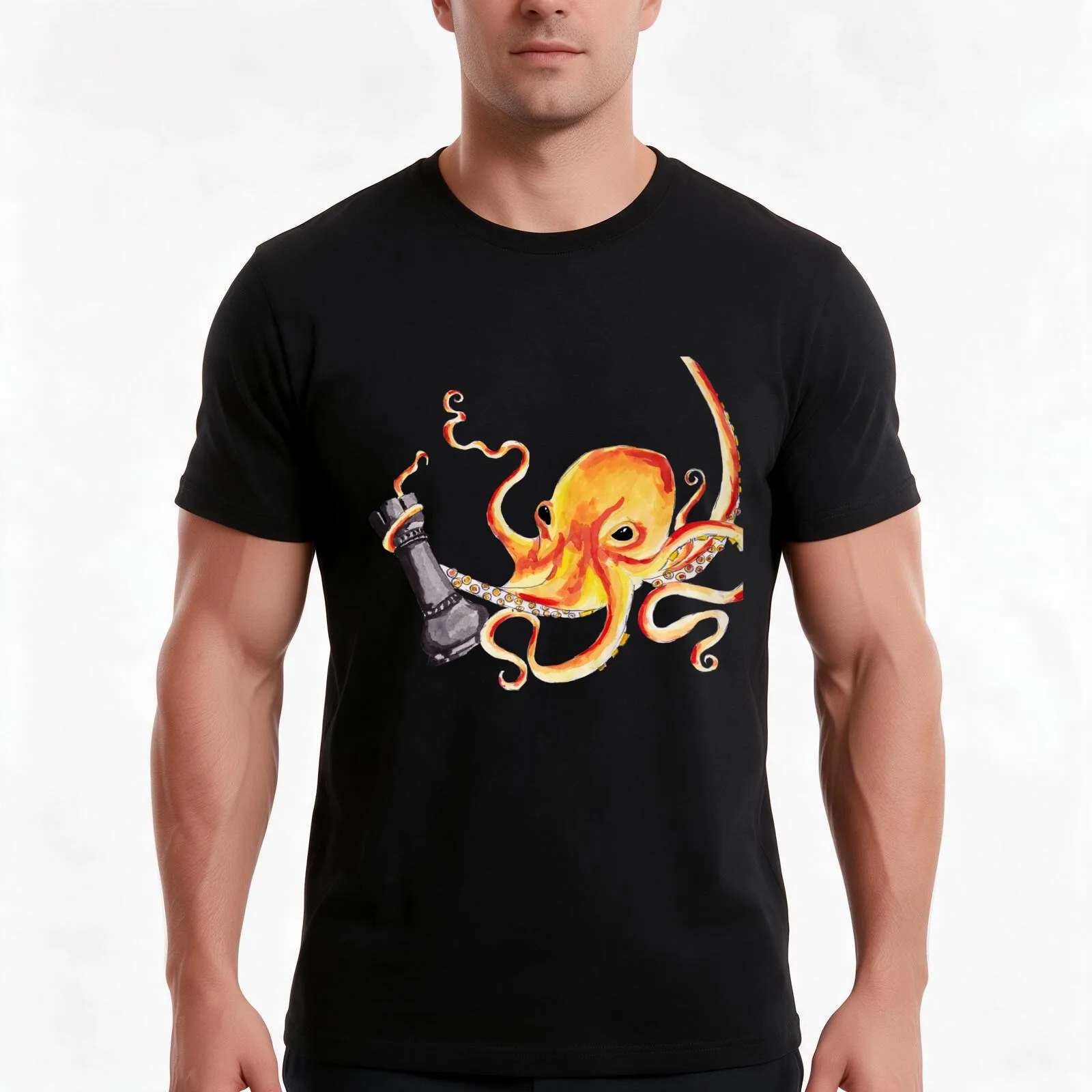 An Octopus Fighting a Rook T-Shirt, Summer Casual Cotton Tee, Oversized Streetwear Tops, Vintage Graphic Print, Unisex Men Women