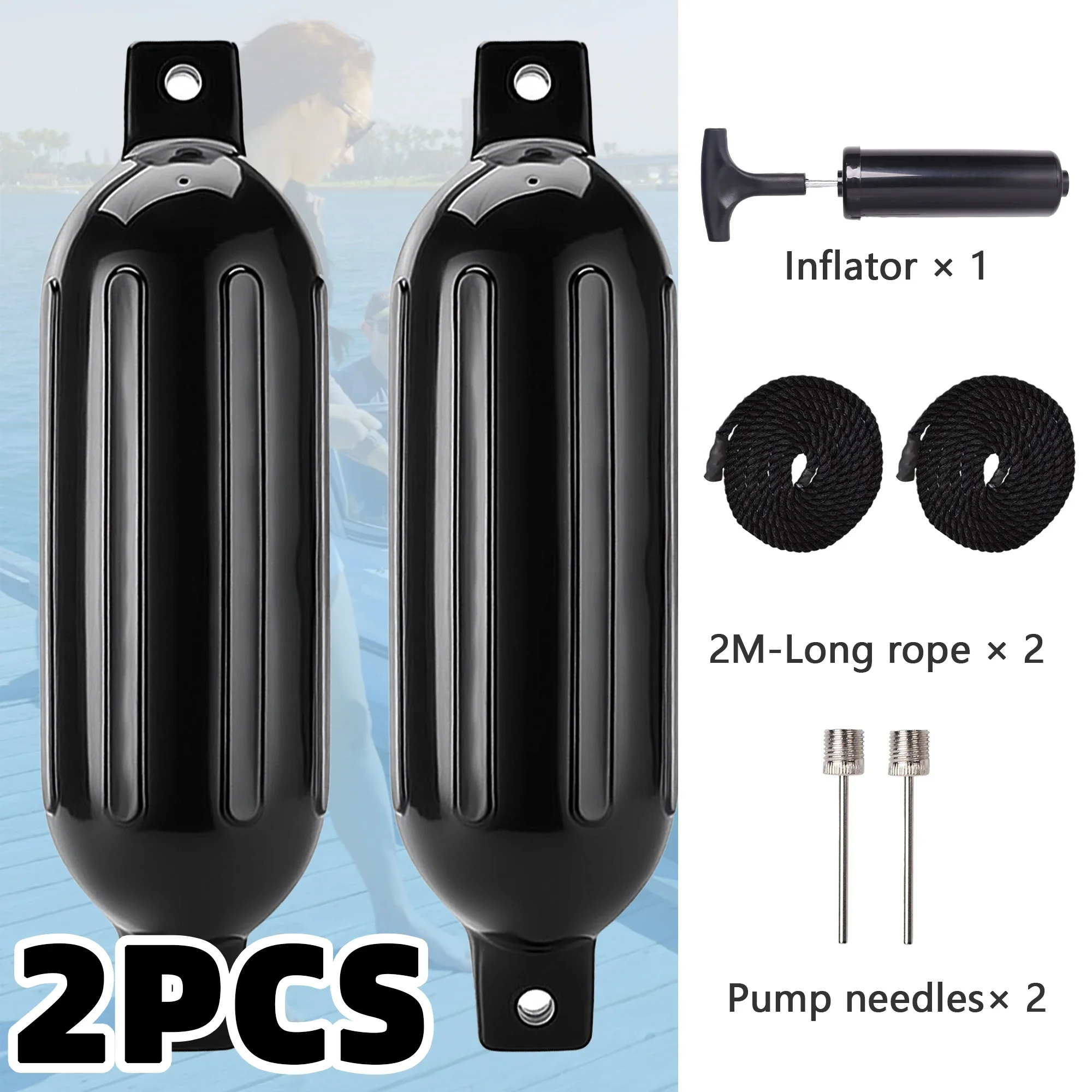 Boat Bumper Fender, 2-Pack Inflatable Ribbed Marine Buoys, Heavy Duty PVC Dock Shields, for Pontoon Yacht Mooring Protection