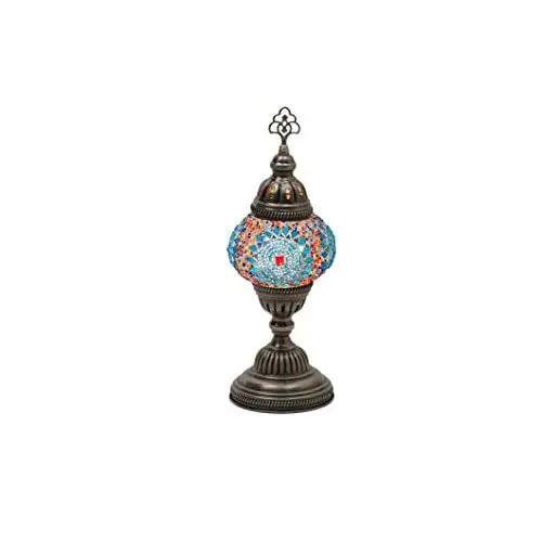 LaModaHome English Moroccan Handmade Mosaic Glass Table Lamp Light with Decorative Dark Copper Fixture for Bedroom, Livingroom a