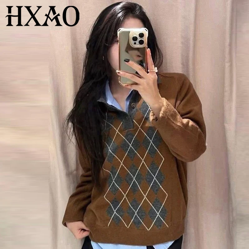 

HXAO Women's Sweater Knit Argyle Pullovers Autumn 2025 Elegant Crop Polo Long Sleeve Tops For Woman Chic Pretty Women's Sweaters