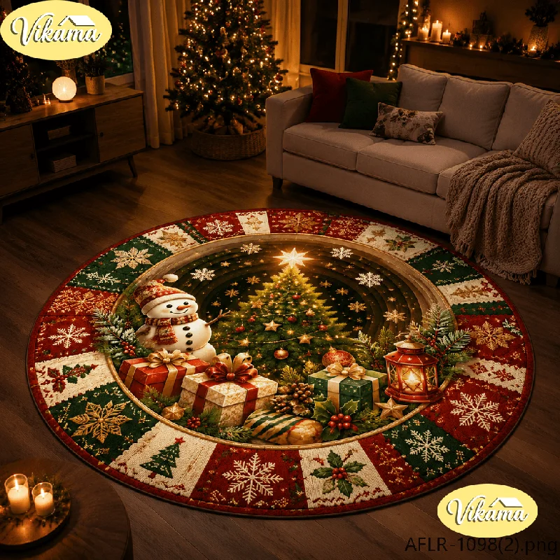 VIKAMA 3D Christmas Tree Round Rug Flannel Non Slip Circular Carpet Snowman Gift Lantern Star Pattern Living Room Floor Mat Xmas
