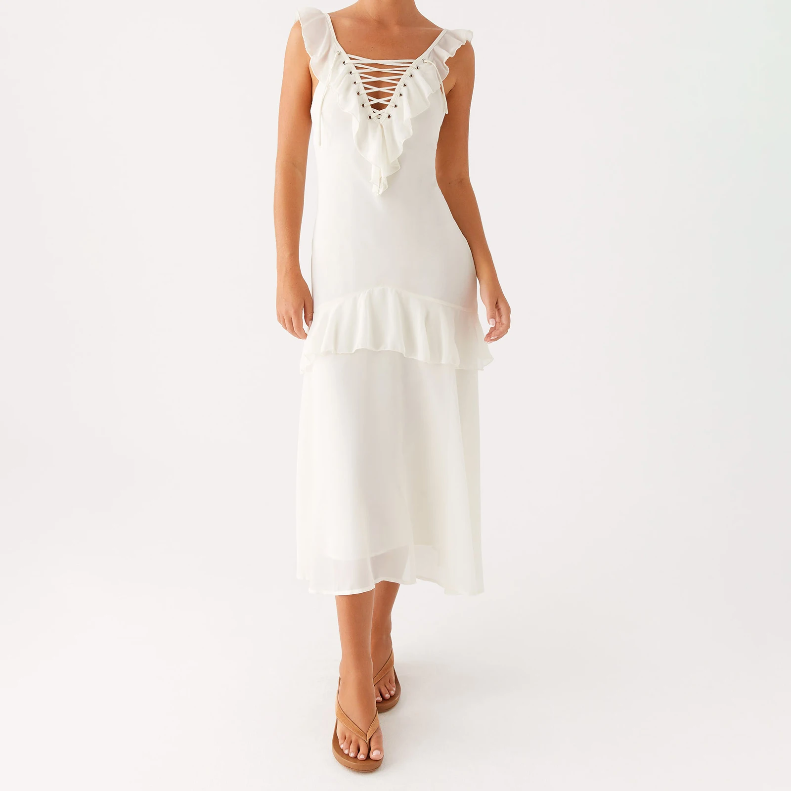 Abito sottoveste da donna senza maniche con scollo a V senza schienale increspato abito lungo estivo per vacanze al mare festa estiva abbigliamento quotidiano streetwear