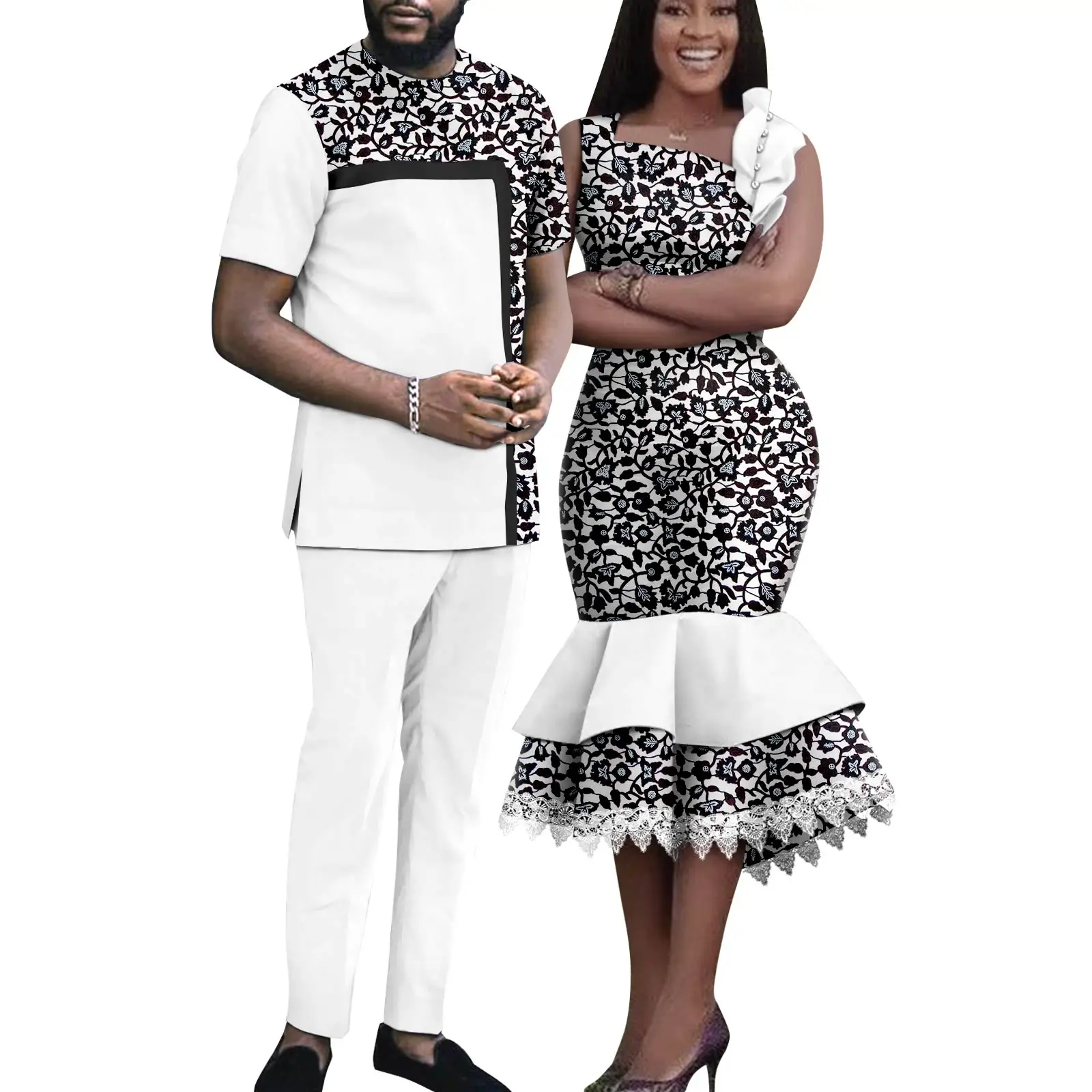 African Matching Outfit for Couples Dashiki Summer Women Ruffles Dresses Bazin Riche Men Patchwork Top and Pant Sets Y23C055