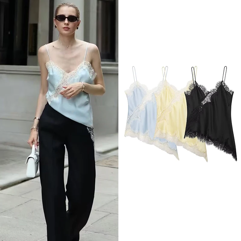 Women's Tops Summer New Chic Lace Slim V-neck Sling Elegant Travel Joker Tops Women's Summer Fashion Youth Street Tops