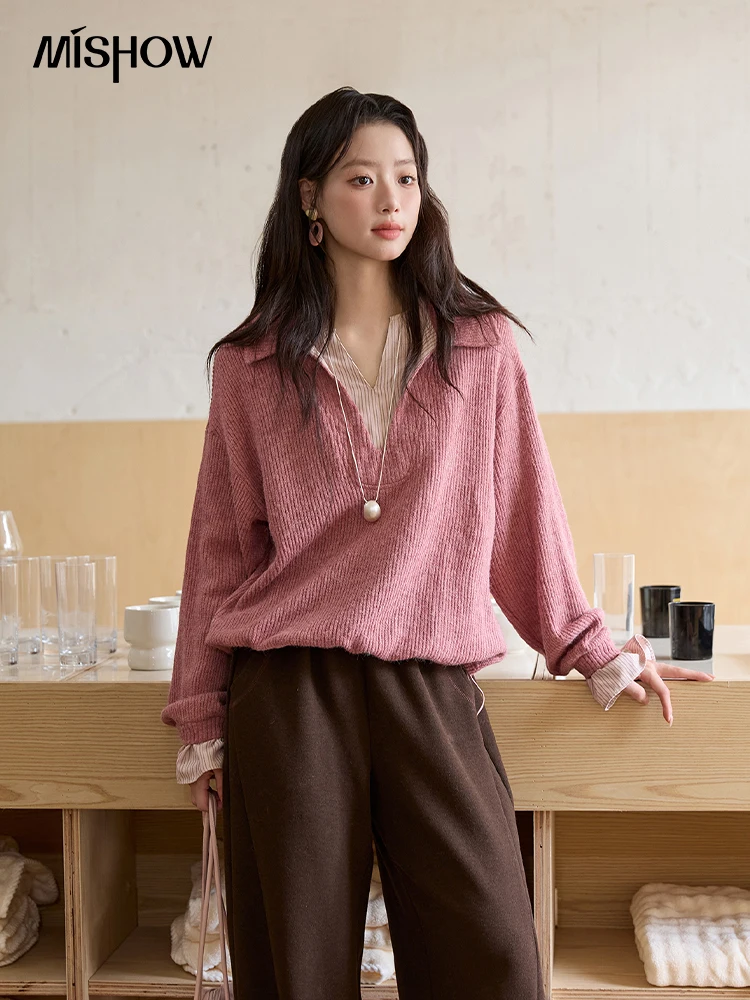 MISHOW Imitacja Dwuczęściowej Bluzki Damskiej Jesień Zima 2025 Francuski Styl Stójka Koszule Luźne Długie Rękawy Top MXE51Z2625