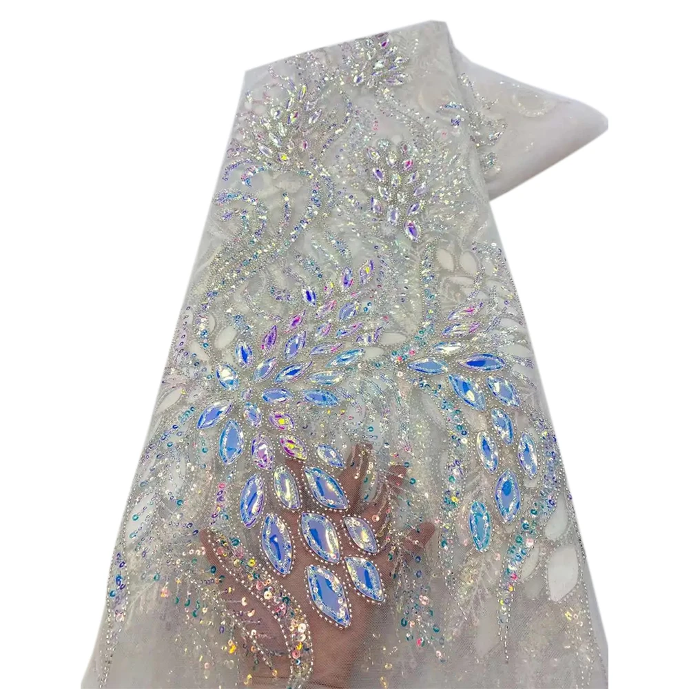 

Sequins Embroidery Beaded Lace With Stones Material Elegant 5 Yards Tulle Fabric Sew Wedding Party Dress Luxury Mesh Beaded Lace