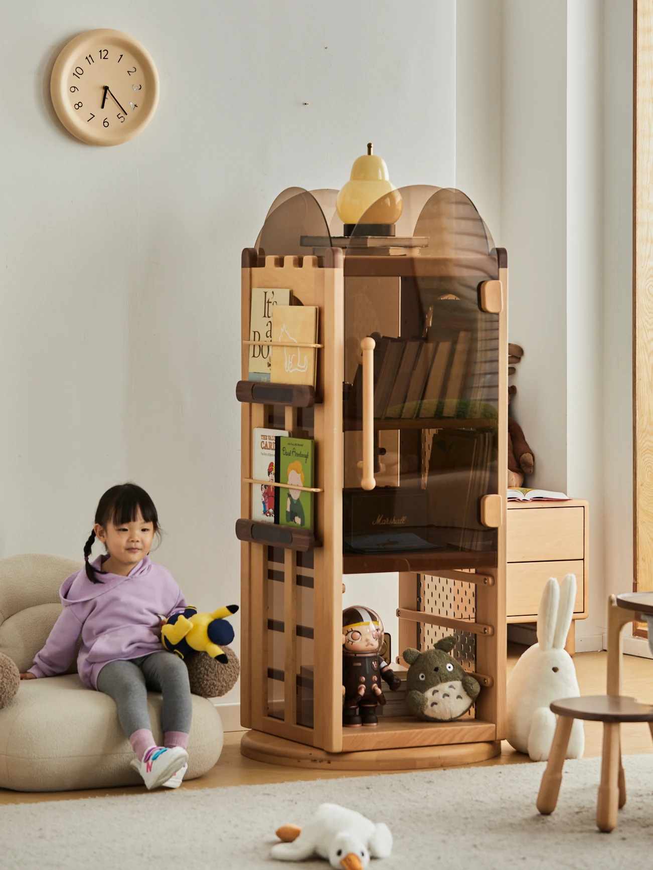 Adjustable Function Large Storage Children Wooden Bookcase Solid Wood Rotating Bookshelf for Kids