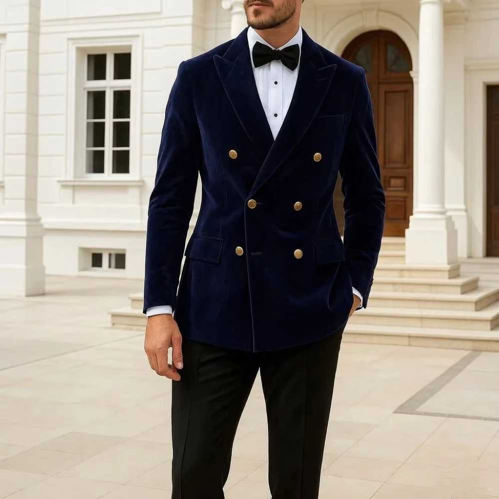 Velvet Blazer for Men Double Breasted Slim Fit 1 Piece Groom Tuxedo Mix Match Gold Buttons Flap Pockets Elegant Custom Wedding