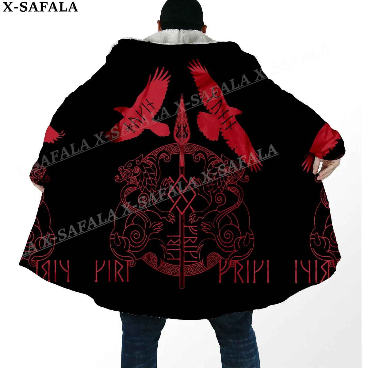 Viking Raven Tattoo Symbol Totems Art Thick Warm Hooded Cloak Men Overcoat Coat Windproof Fleece Cape Robe Hooded Blanket-8