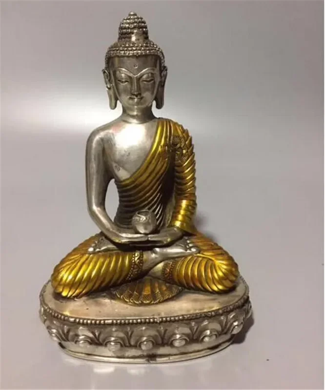 Copper Collection Tibet Silver Carved Sakyamuni Gold Plating Buddha Statue Peace And Auspiciousness Home Decoration Crafts