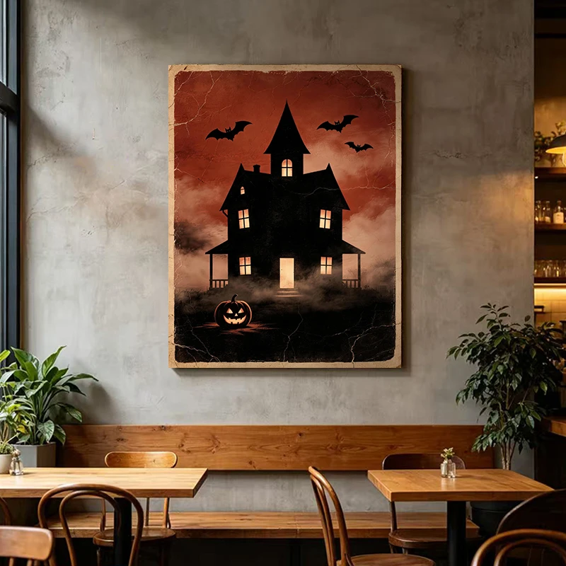 Rustic Halloween Wall Print, Retro Crack Texture Haunted Mansion Pumpkin Bat Canvas Art, Dark Spooky Old House Holiday Poster fo