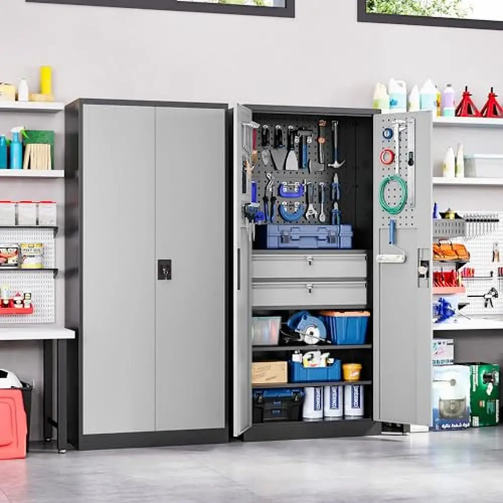 Heavy Duty Steel Garage Storage Cabinet Lockable Doors 2 Drawers Pegboard Tool Cabinet 71