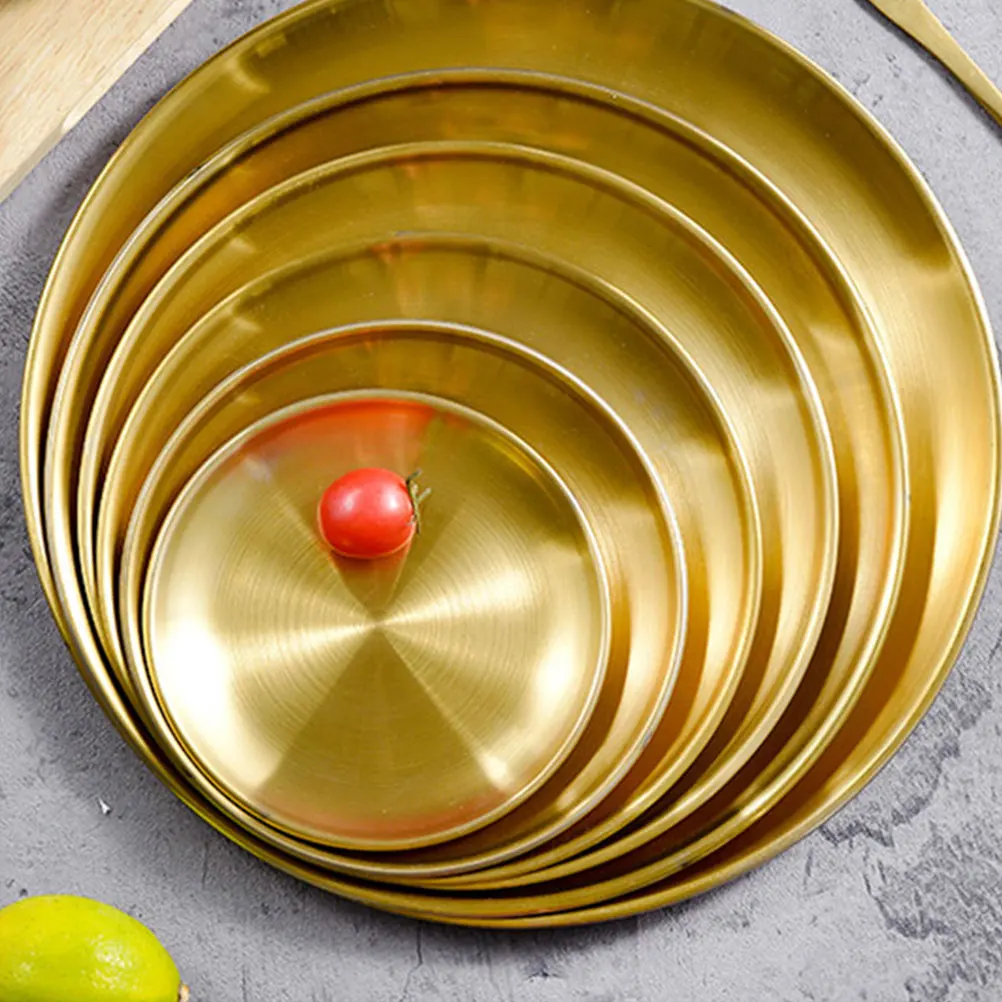 

Cafe Tray Bbq Plate Round Dinner Serving Platters Single Gold Kids Stainless Dish Disc Kitchen