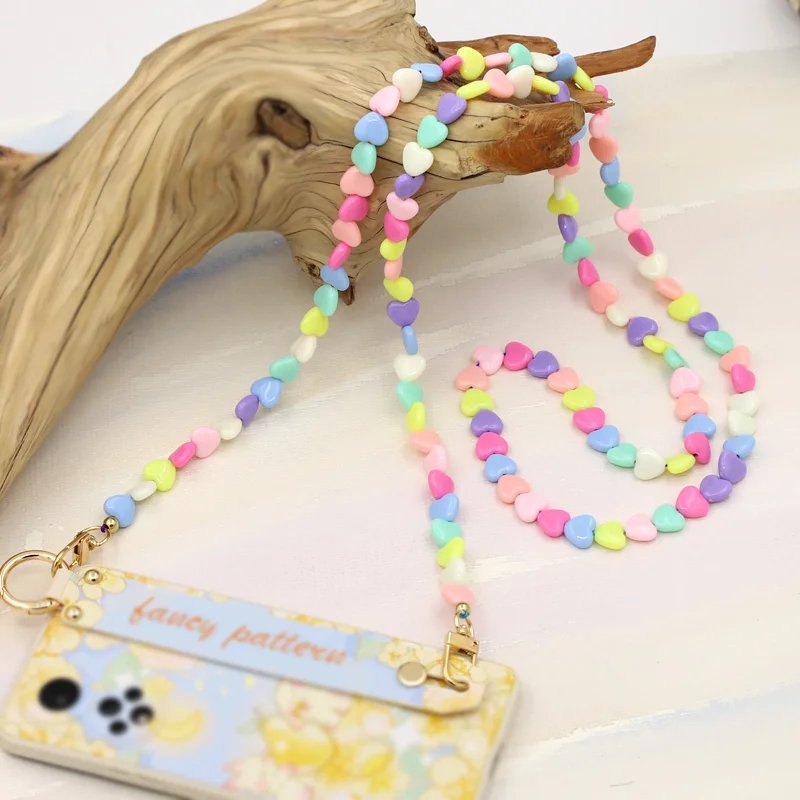 120cm Long Chain Colorful Lovely Heart Charm Mobile Phone Chain Imitation Pearl Bag Accessories Chain Lanyard Women Jewelry Gift