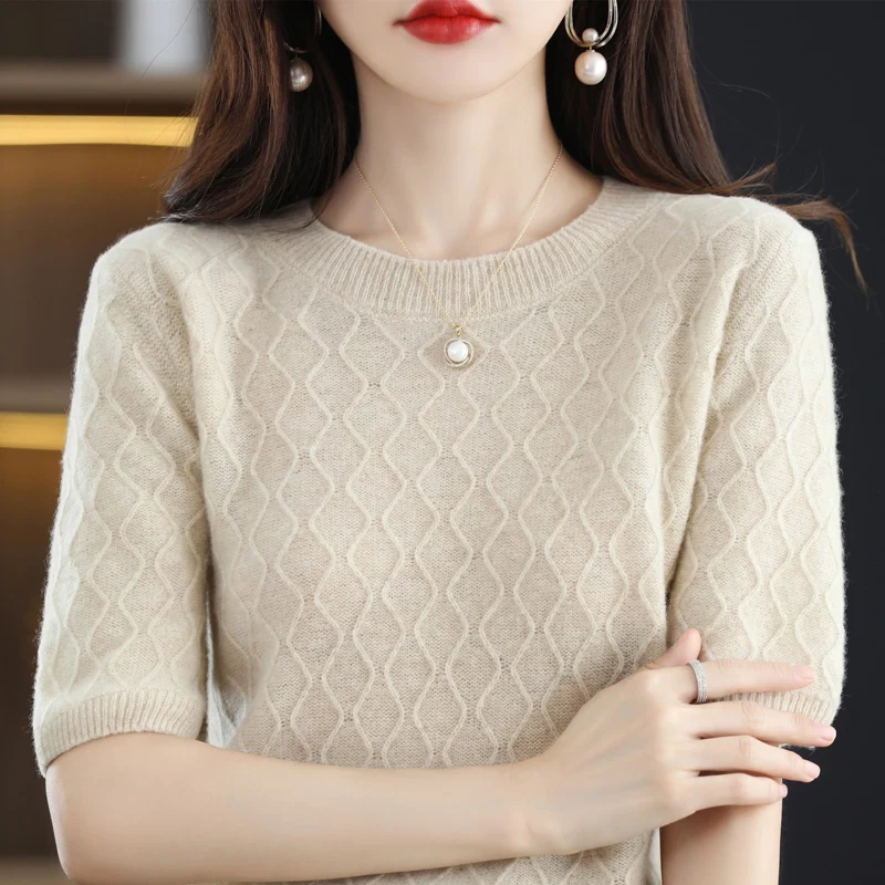 

Spring/Summer New Short-Sleeved Women's Round Neck Slim Body 100% Wool Wavy Knit T-Shirt Knitting Basic Sweater