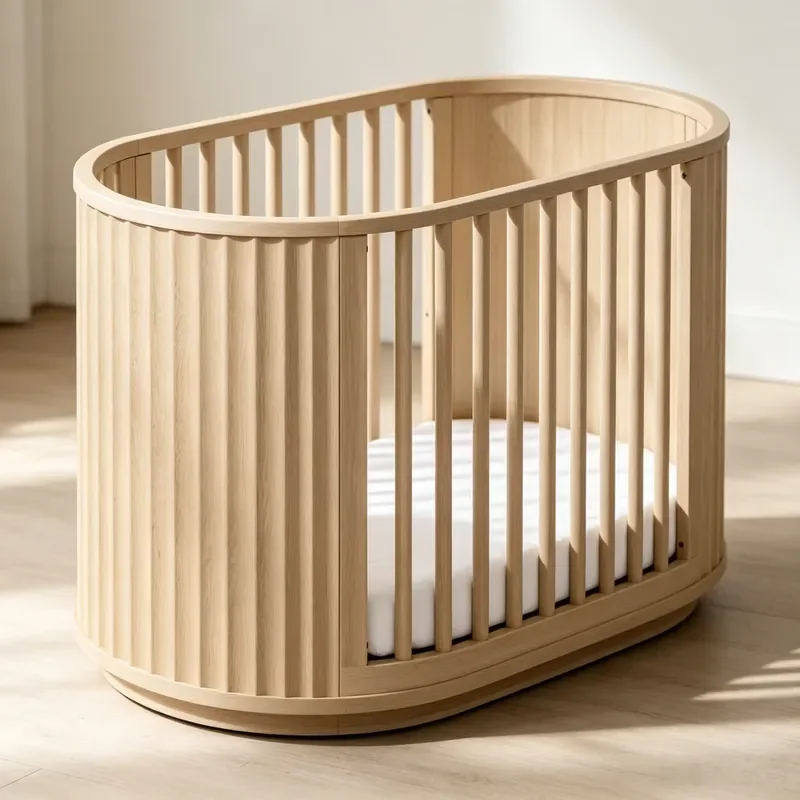Nordic Modern Curved Oval Crib Solid Ash Wood Groove Design Toddler Bed Eco Friendly Baby Furniture for Bedroom Nursery Decor