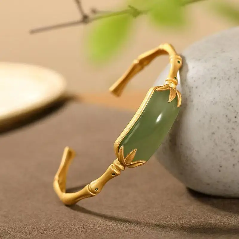 9999 gold Chinese ethnic style bamboo joint bamboo leaf bracelet for women, Hetian jade retro trendy wristband jewelry