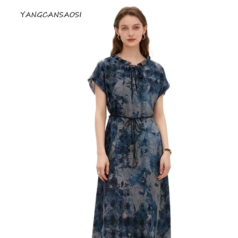 

2025 Women's Fashion Clothing 100% Natural Mulberry Silk Gambiered Guangdong Gauze Jacquard Lace Up Short Sleeved Dress