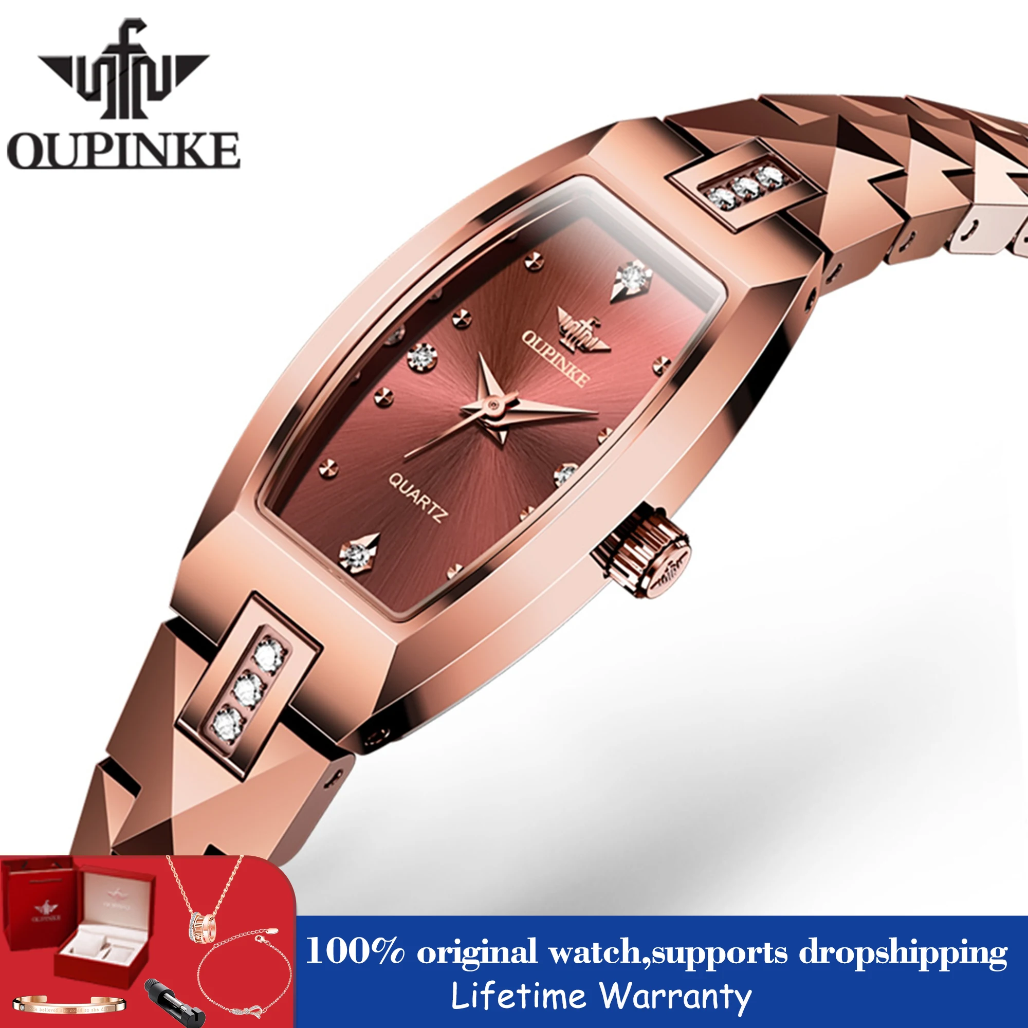 OUPINKE Luxury Tonneau Watch For Women Tungsten Steel Swiss Movement Quartz Wristwatch 50M Waterproof Original Clock Reloj 3242