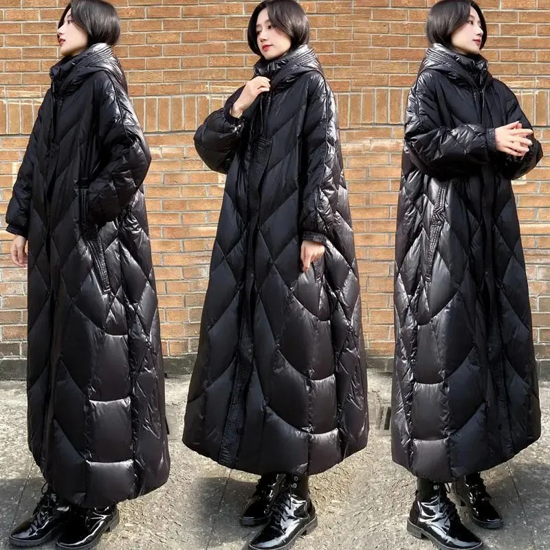 Neue winter schwarze Daunen jacke mit Kapuze Damen lose dicke warme hochwertige 90% weiße Enten Daunen mantel lange weibliche Schneeparker Mantel