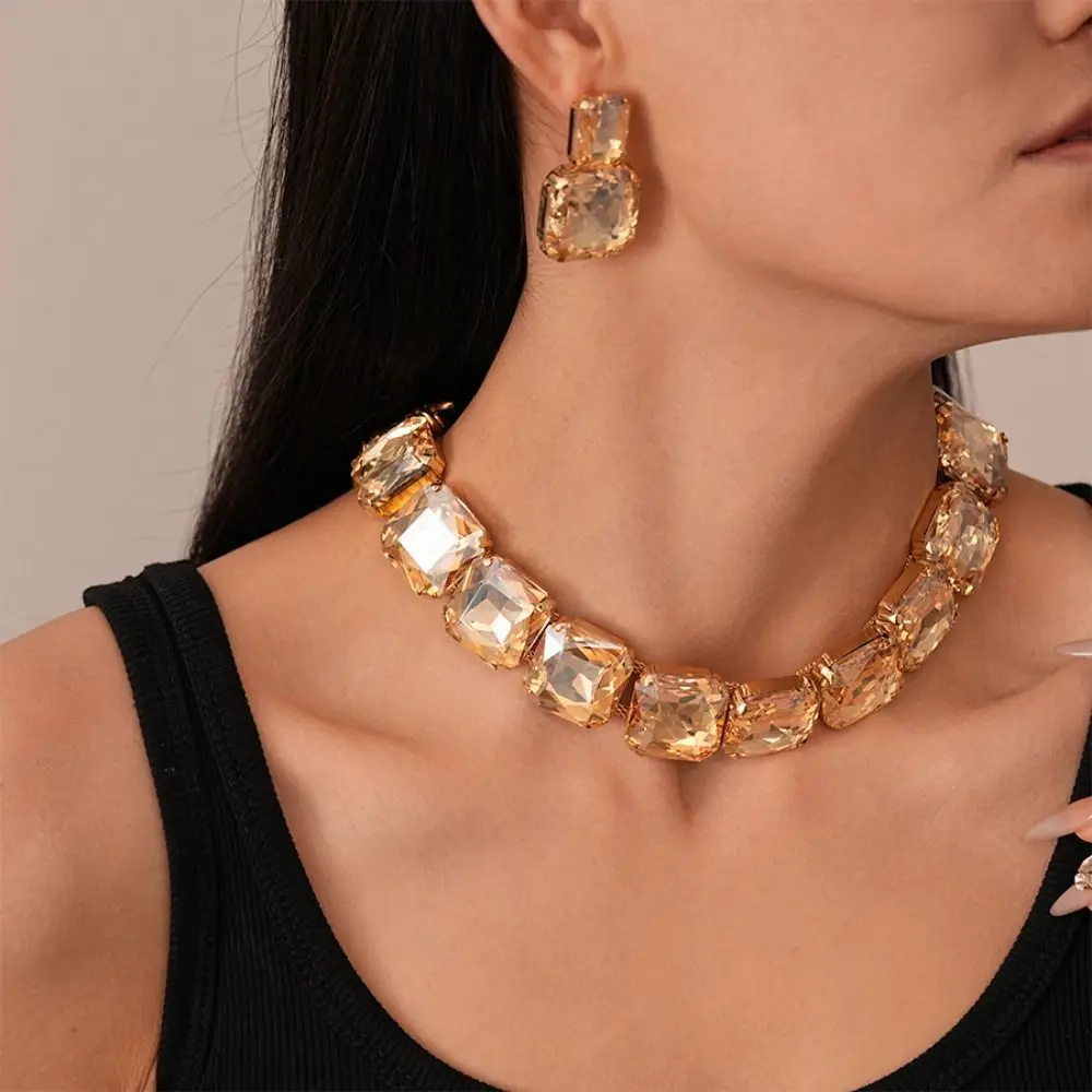 

Korean Style Square Crystal Jewelry Set Multifunction Neckchain Rhinestone Tassel Earring Necklace Jewelry Accessories