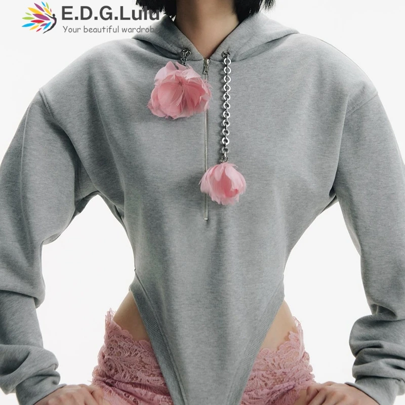 

EDGLuLu 2025 Новый осенний комбинезон с капюшоном и 3d цветочным принтом для женщин, свободный повседневный уличный комбинезон с длинными рукавами, шорты 0824