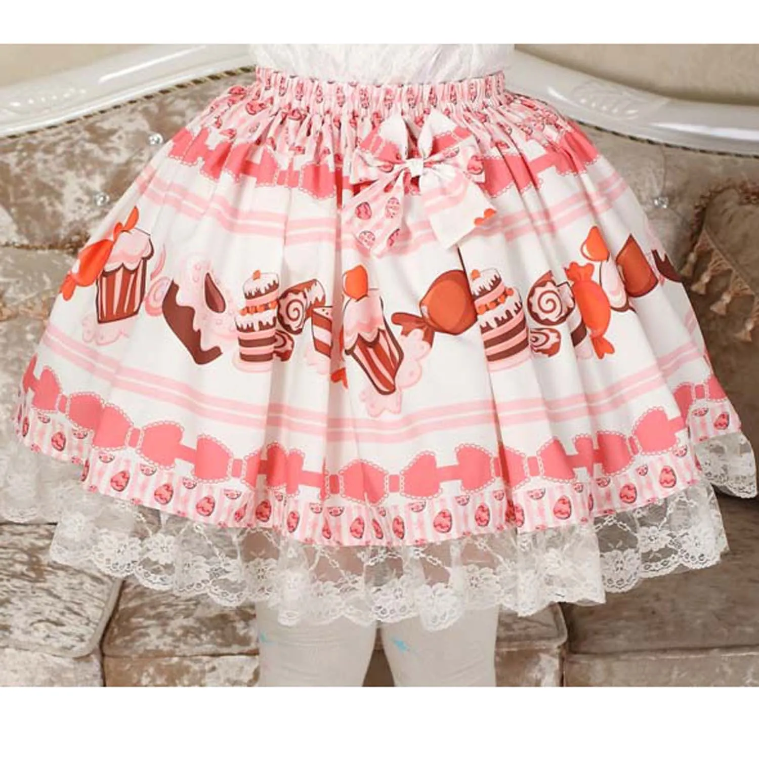 Sweet Pink Lolita Short Skirt Cake Ice Cream Print Lace Trim