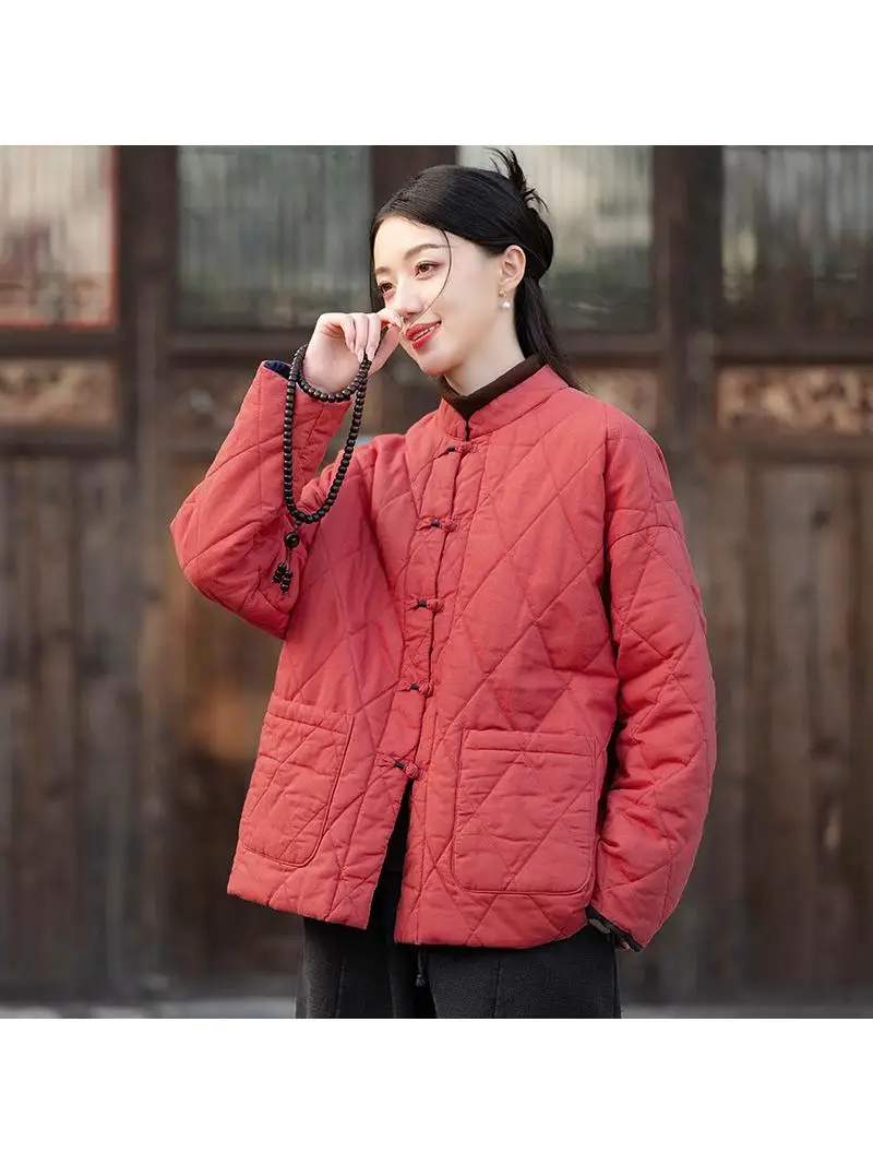 

Winter New Style Artistic Retro Stand Collar Diamond Pattern Button Cotton Jacket Women Loose Cotton Filled Warm Cotton Linen...