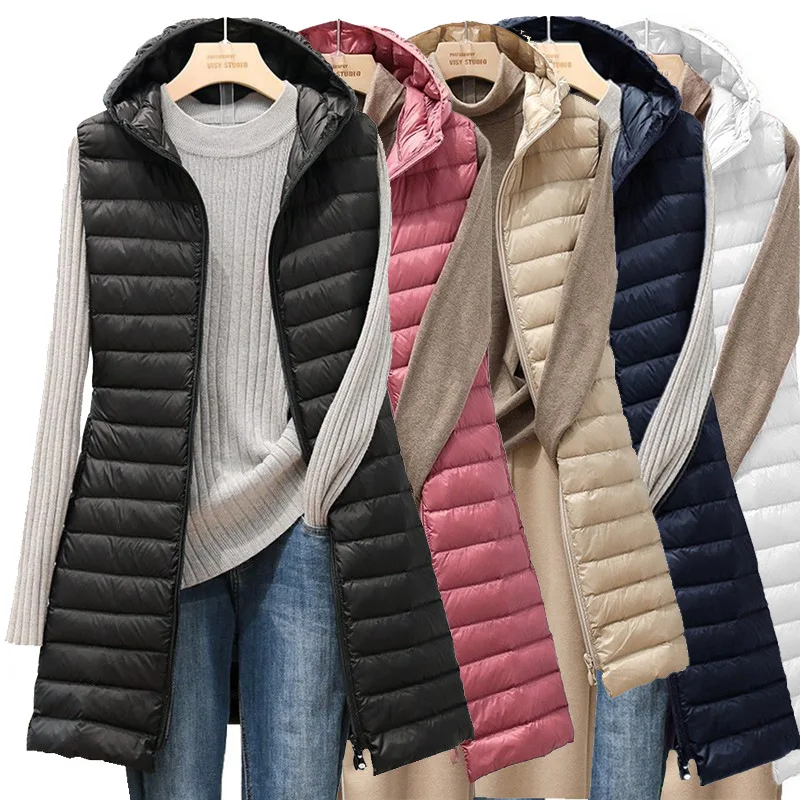 

New female autumn and winter medium long hooded light down padded jacket waistcoat cotton vest