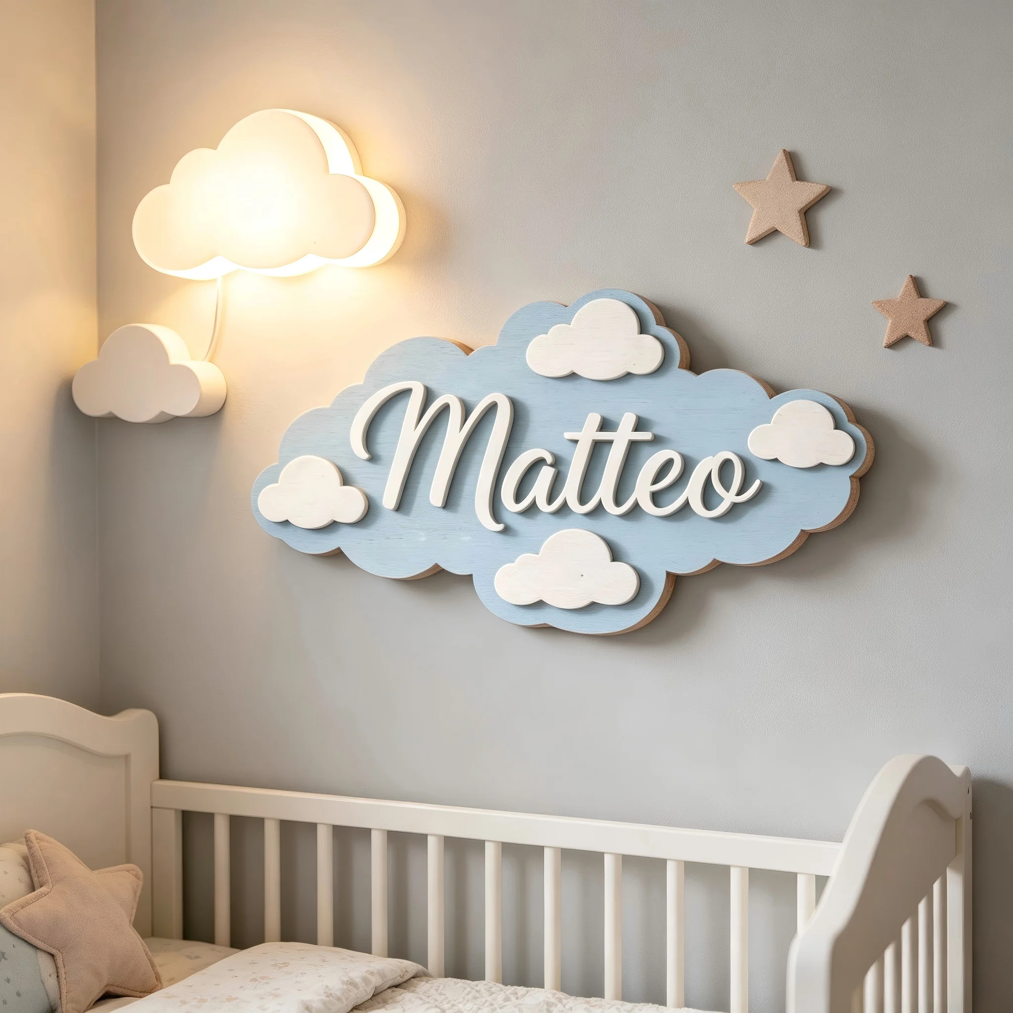 1Pc Custom Light blue clouds Wooden Name Plaque,Home Room Office Nursery  Wall Door Decor,DIY Paintable,Birthday Wedding Gift view 5