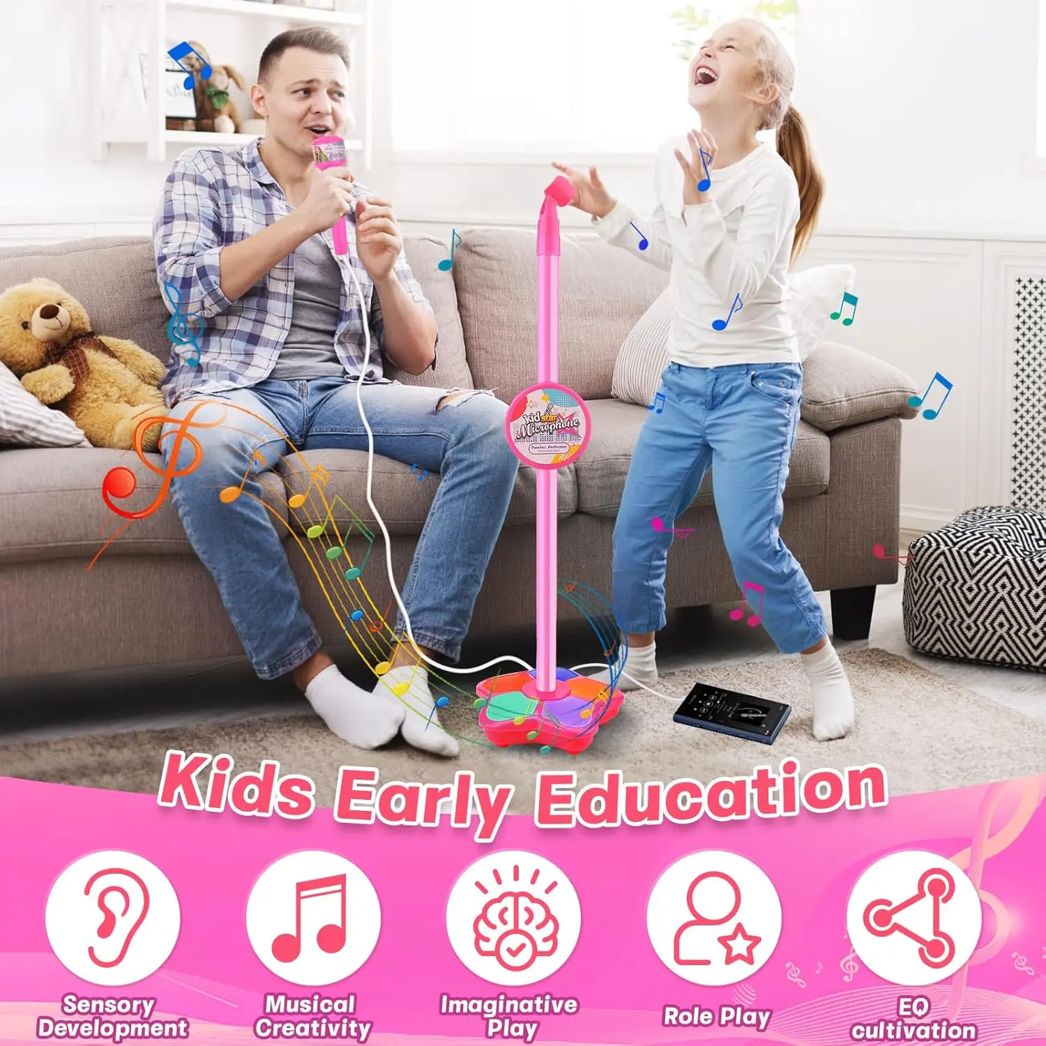 Micrófono para Niños con Soporte Ajustable, Juguete Musical de Karaoke, Máquina de Karaoke con Luces para Fiestas de Niños y Niñas, Regalo