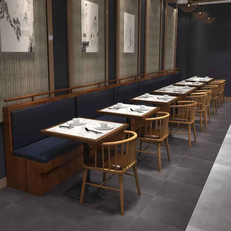 Mesa y silla de madera maciza para restaurante occidental, bar de aperitivos, cantina, restaurante de comida japonesa, restaurante de fideos, asiento tipo tarjeta para restaurante.