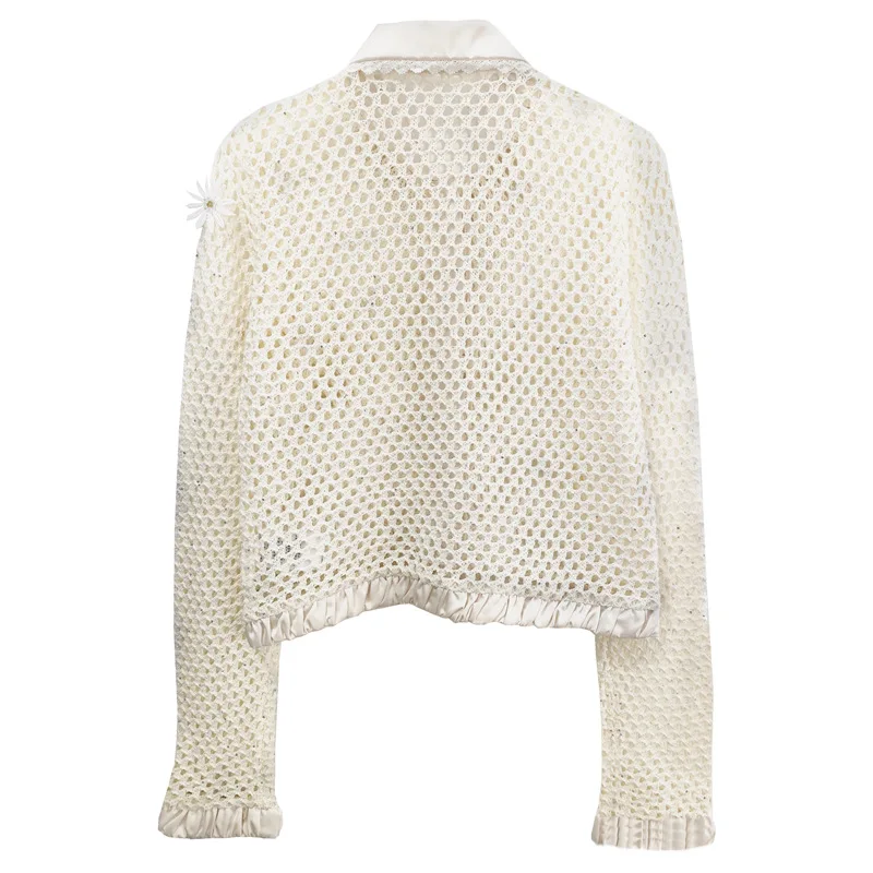 2025 Spring New Lapel Long-sleeved Flower Bead Stitching Loose Thin Hollow Knitted Cardigan Jacket For Women