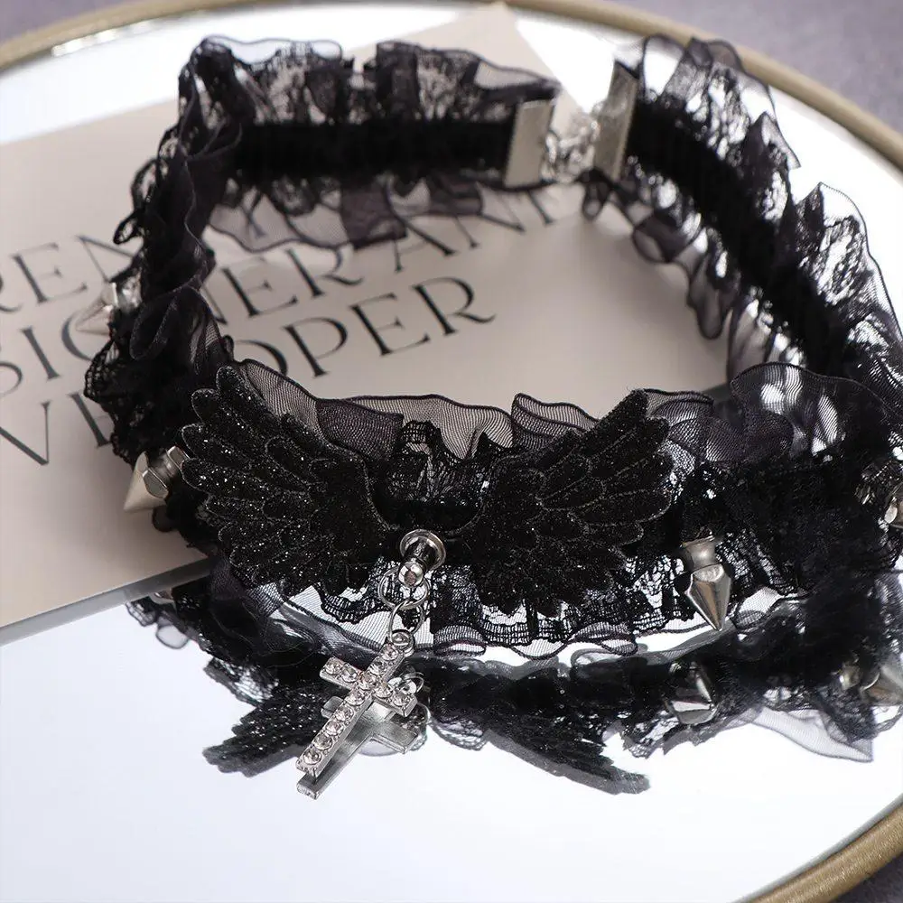 Gothic Black White Lace Lolita Collar Crystal Cross Pendant Angel Wings Rivet Choker Necklace for Women Egirl Y2K Jewelry Gifts