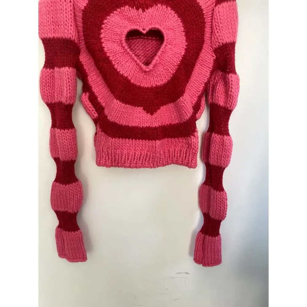 Heart Hollow Out Pullovers Women Striped Y2k Clothes Cropped Sweaters Harajuku Panelled Long Sleeve Spring Sexy Kawaii Mujer Fit